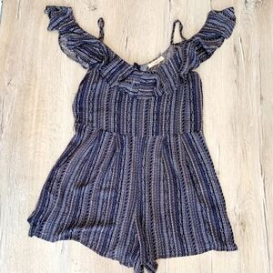Rewind Off The Shoulder Romper Navy White Print Women's XL Sexy Summer Cute EUC